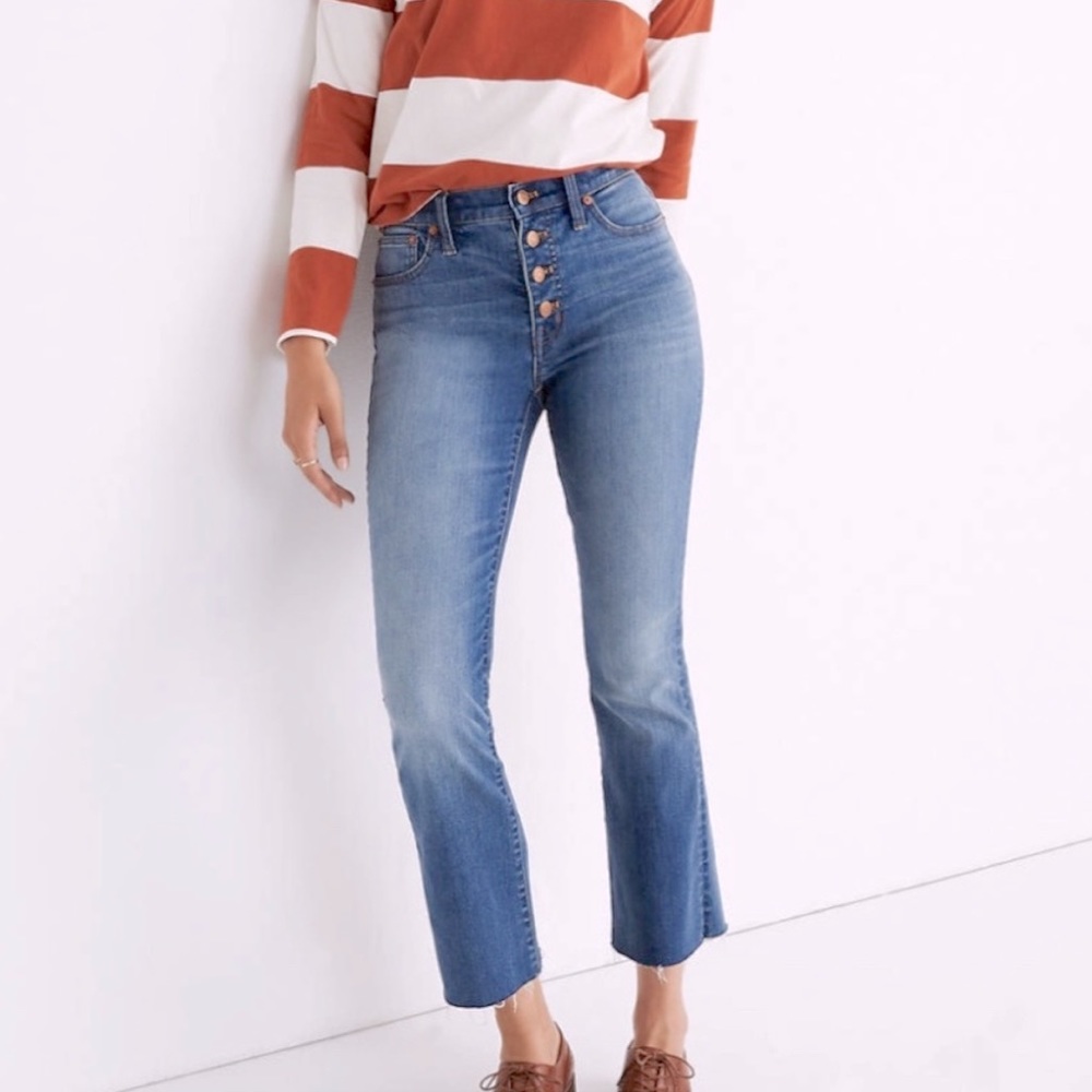 Madewell Cali Demi Boot Cut Button Fly Hi Waist Jeans size 33 Magic Pockets NWT